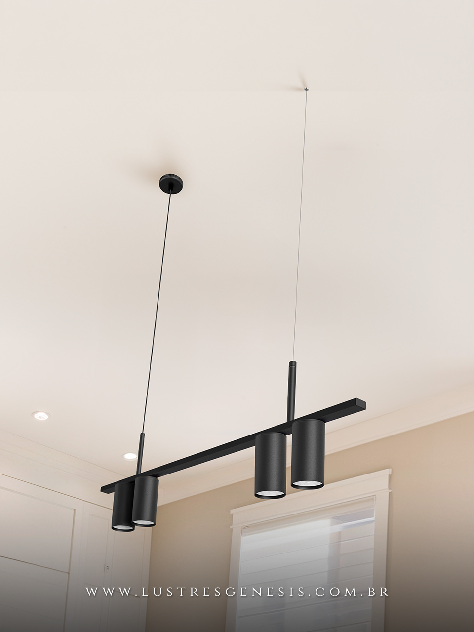 Lustre Pendente Retangular Tubus B4 Preto Minimalista para Balcão de Cozinha, Bancada Area Gourmet, Sala de Jantar e Suite Master